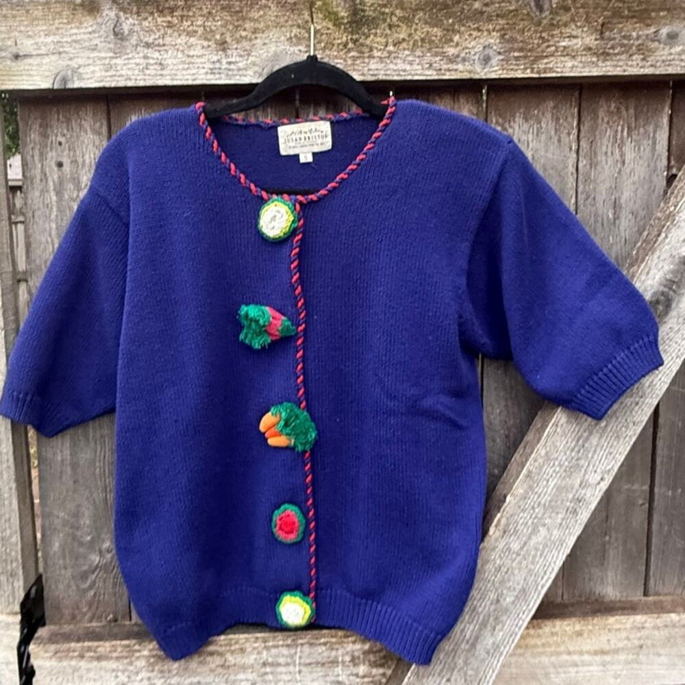 VTG 1993 Susan Bristol cardigan SWEATER Blue S vegetable buttons short sleeve